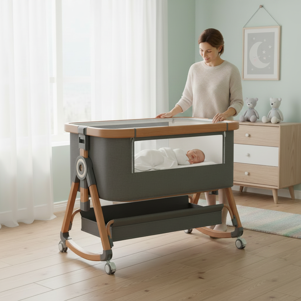 Berceau bébé pliable 3 en 1 — Hauteur réglable bascule et roues
