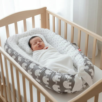 Le cocon bébé avec des motifs d'éléphants de couleur grise