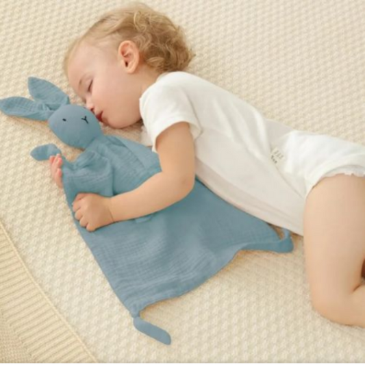 bébé qui dort avec doudou lapin bleu