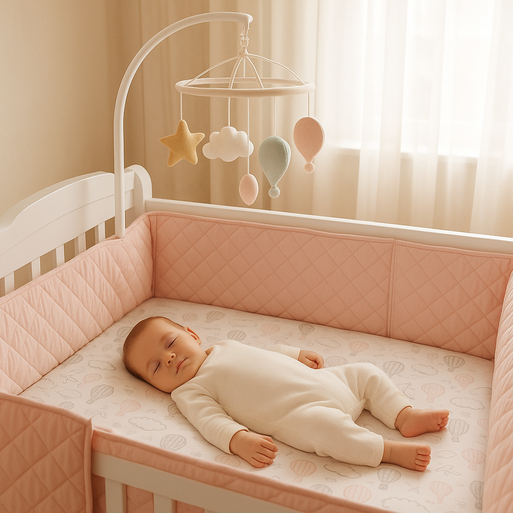 tour de lit matelaé rose avec bébé qui dort