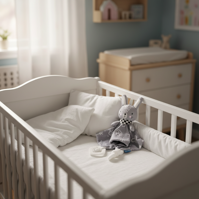 doudou lapin gris dans berceau