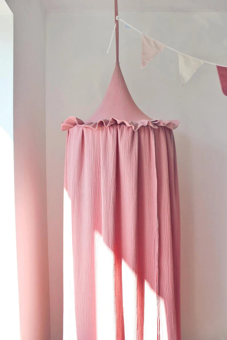 Ciel de lit en mousseline de coton premium avec volants — Baldaquin chambre enfant