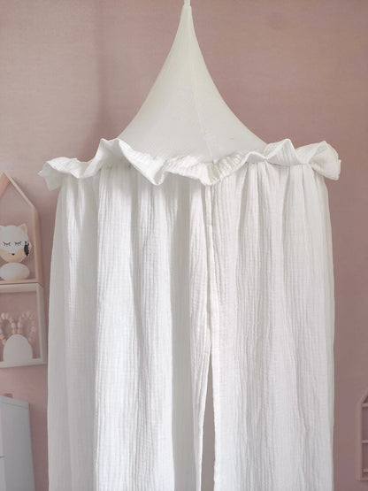 Ciel de lit en mousseline de coton premium avec volants — Baldaquin chambre enfant