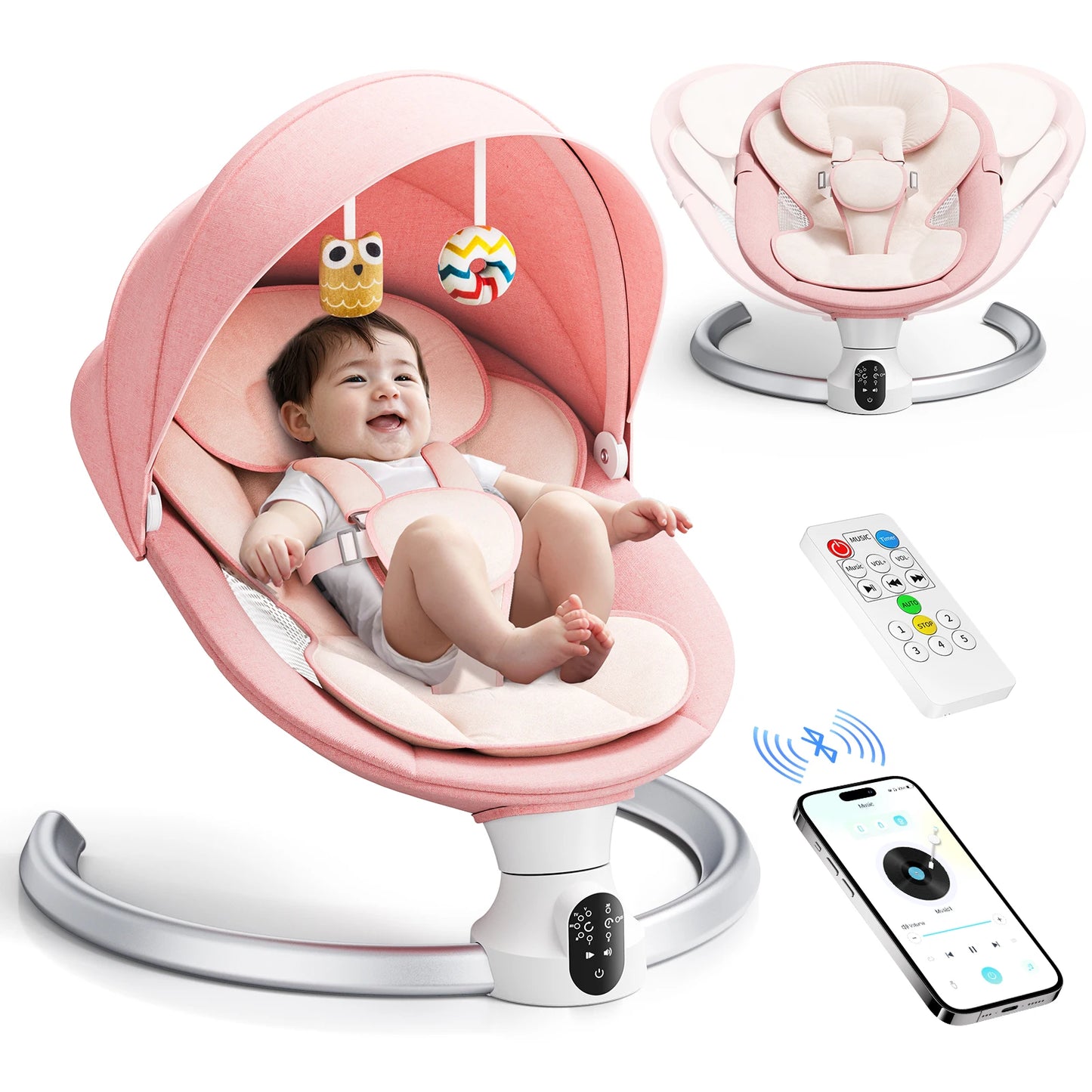 Transat balancelle bébé électrique — Bluetooth, télécommande, 10 musiques ros — Mon Petit Cocon