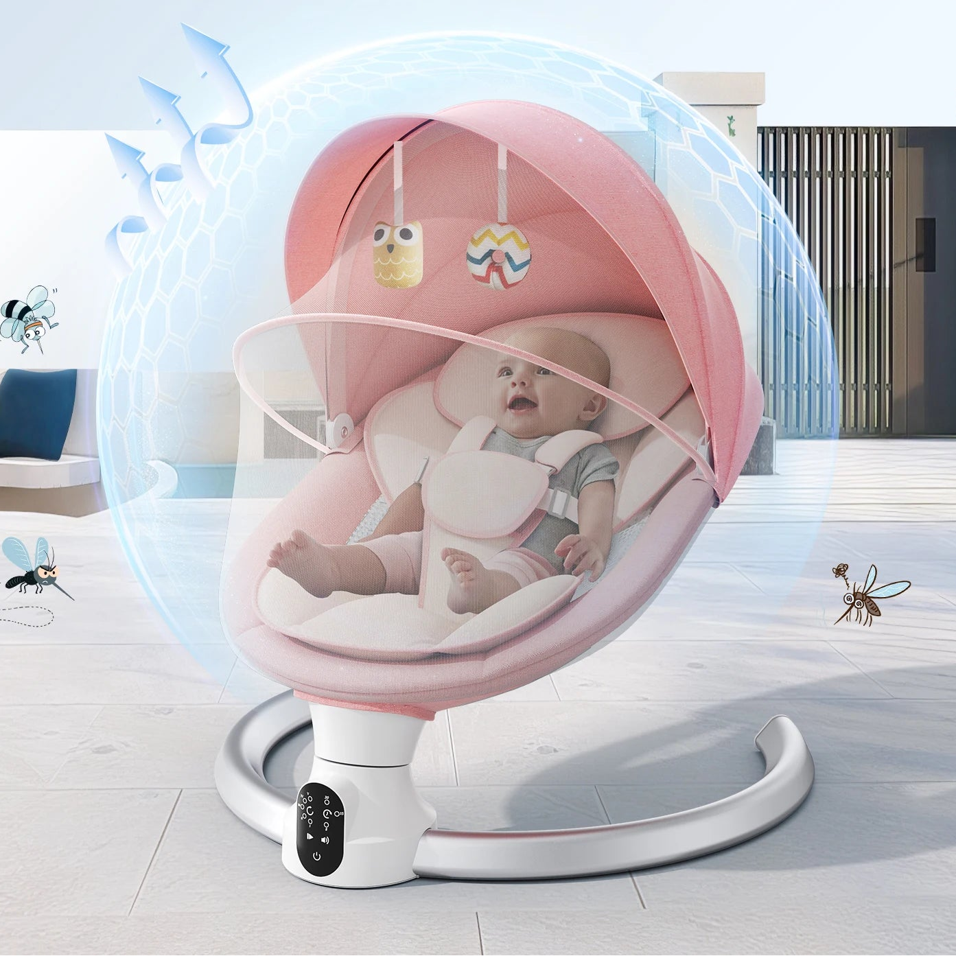 Transat balancelle bébé électrique — Bluetooth, télécommande, 10 musiques ros — Mon Petit Cocon