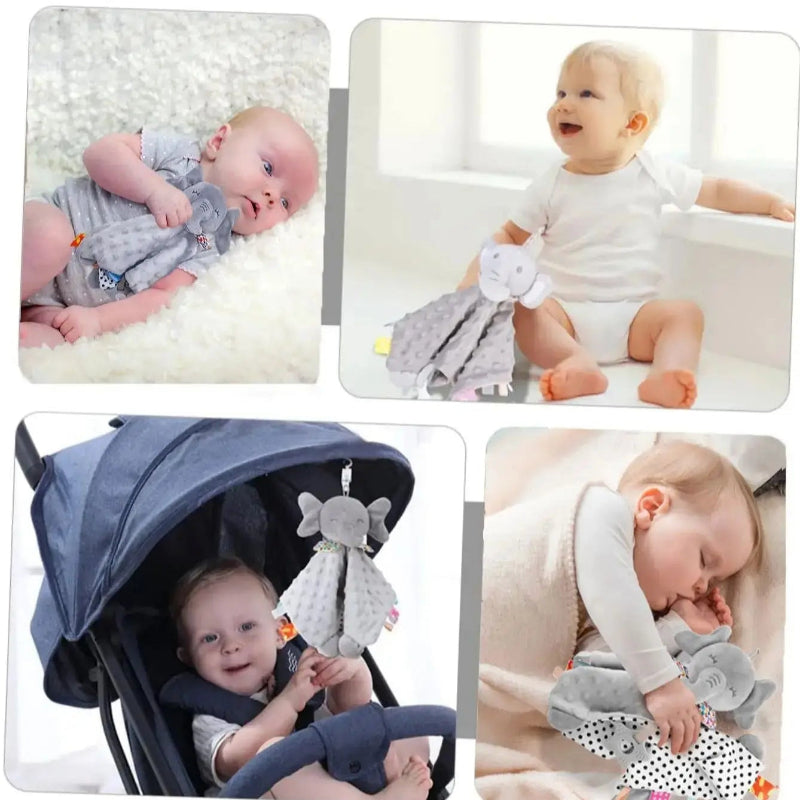 Un doudou éléphant gris pour bébé dans le lit, la poussette, pour dormir