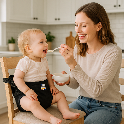bébé qui mange avec un harnais bébé