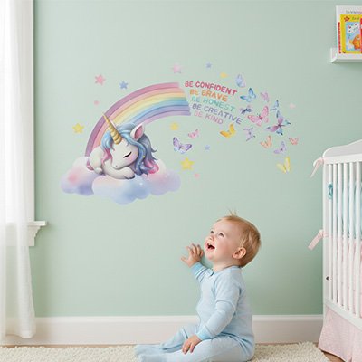 Stickers muraux enfant  arc-en-ciel licorne