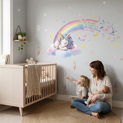 Stickers muraux enfant  licorne arc-en-ciel
