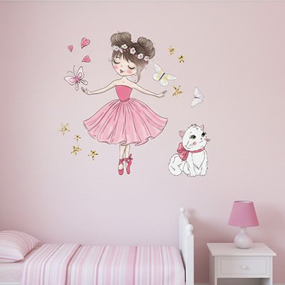 Stickers muraux enfant Thème ballerine et chaton: